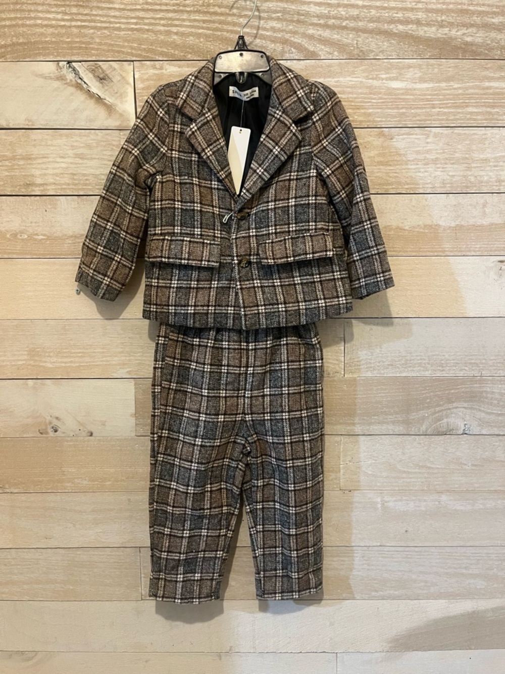 Brown Plaid Kids Matching Jacket and Pants Set
